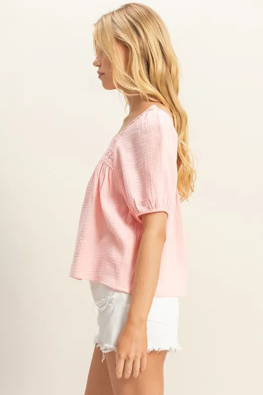 HYFVE Crochet Detail Puff Sleeve Peasant Top OutfitFlow