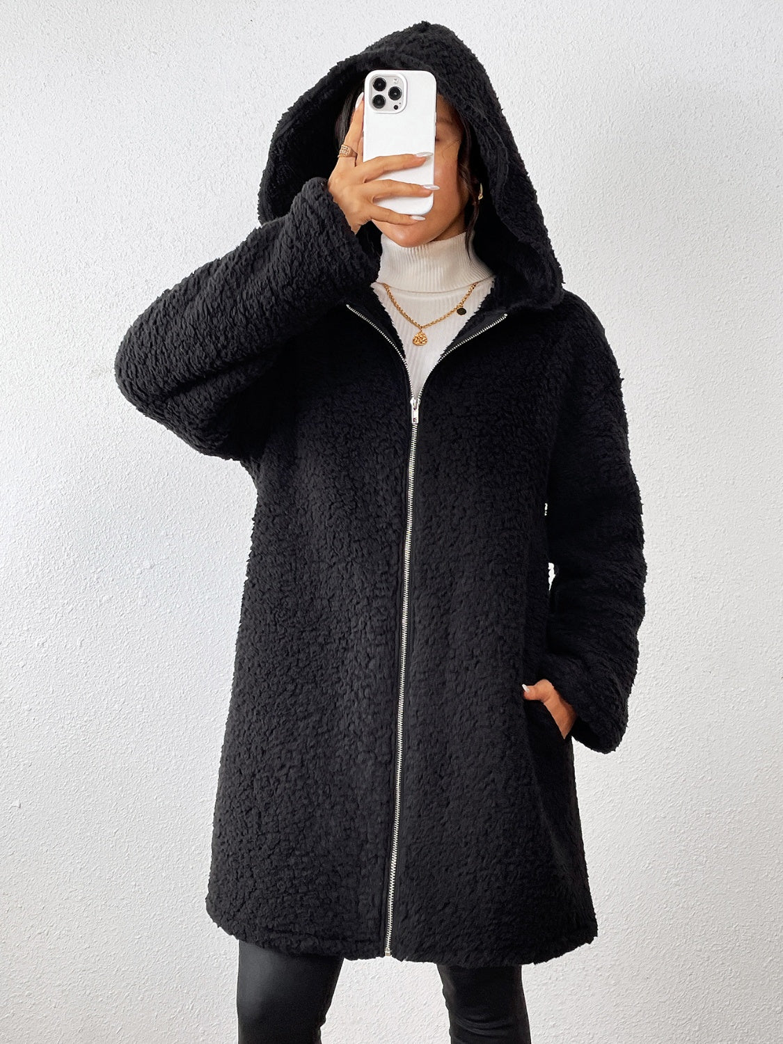 Outfit Flow - Zip Up Long Sleeve Sherpa Hooded Coat