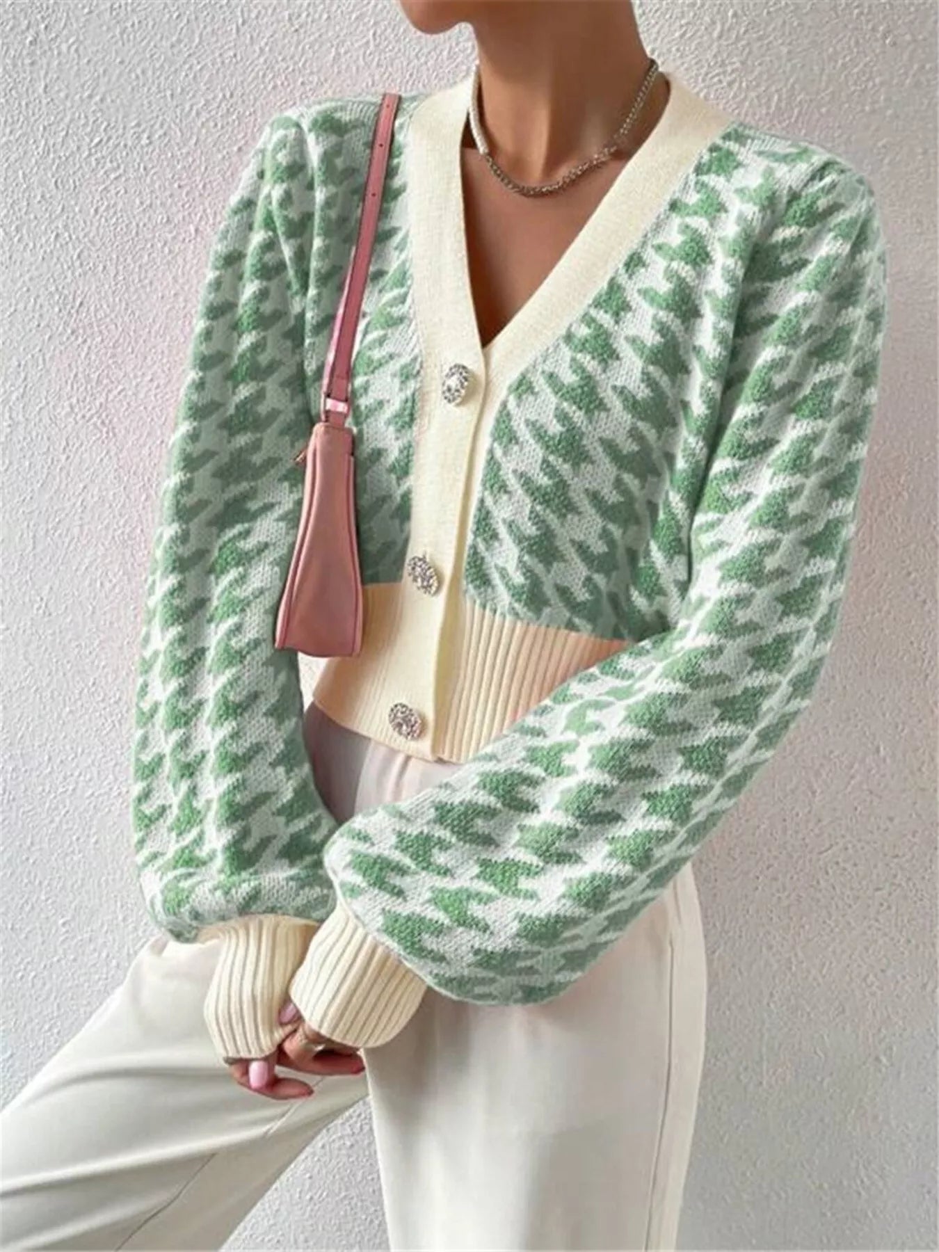 Houndstooth V-Neck Button Up Cardigan Gum Leaf OutfitFlow
