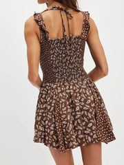 Floral Scoop Neck Mini Dress with Ruffle Hem Dark Brown OutfitFlow