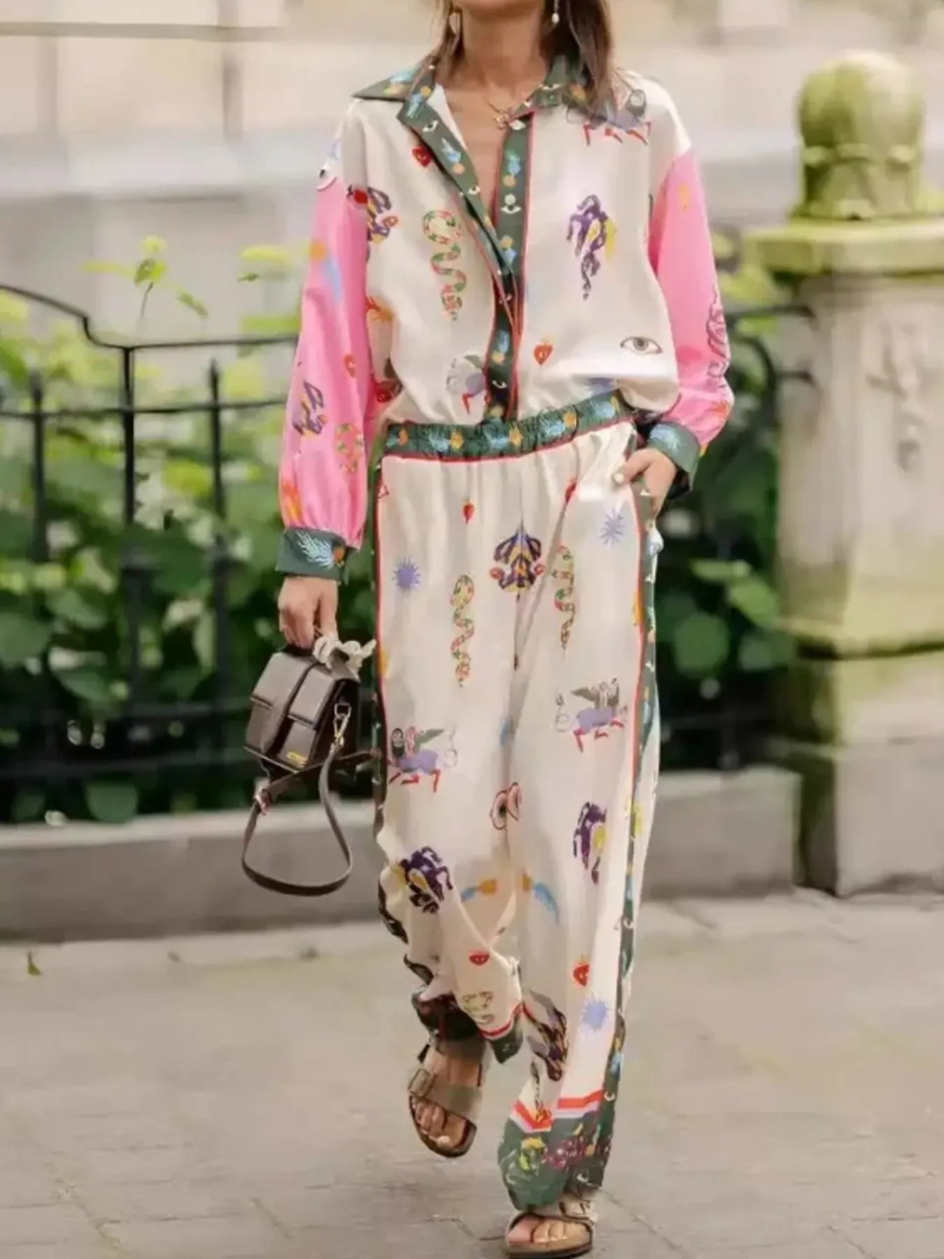 Printed Button Up Shirt and Pants Set OutfitFlow