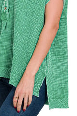 Zenana Washed Double Gauze 3/4 Button Henley Neck Shirt OutfitFlow