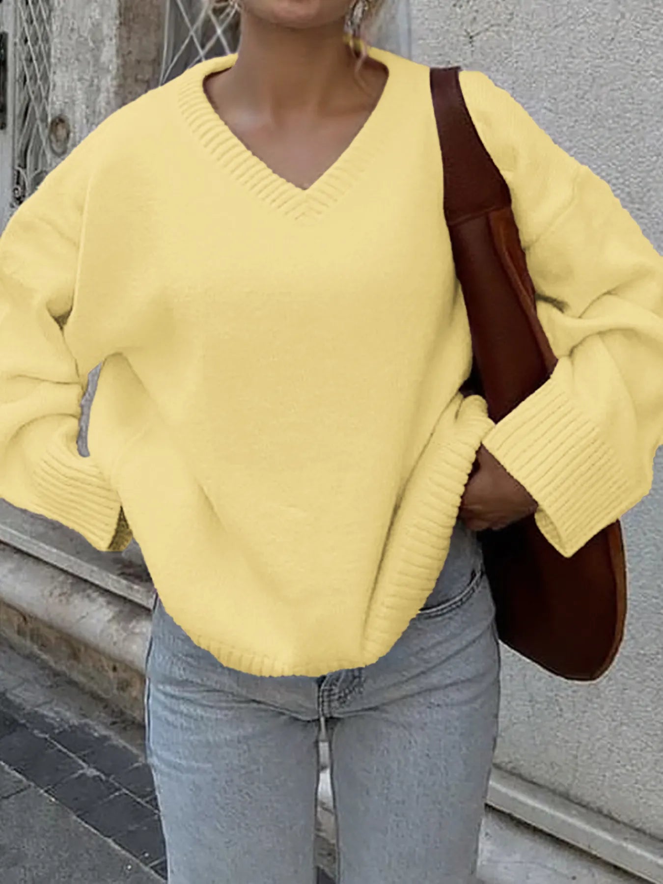 V-Neck Long Sleeve Sweater OutfitFlow