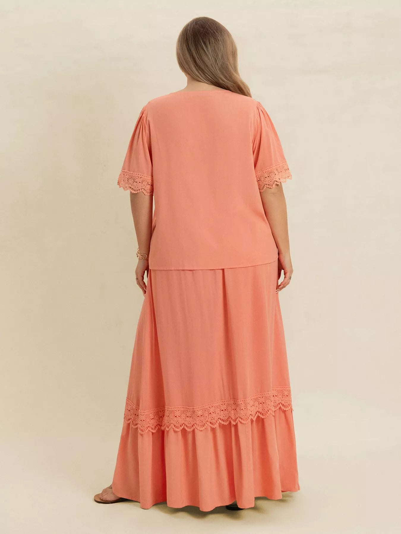 Plus Size Lace Detail Tie Neck Top and Skirt Set OutfitFlow