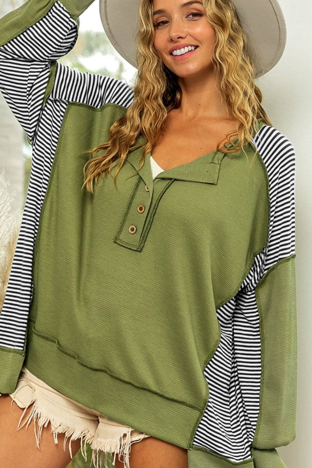 Outfit Flow - Striped Exposed Seam Half Button Sweatshirt