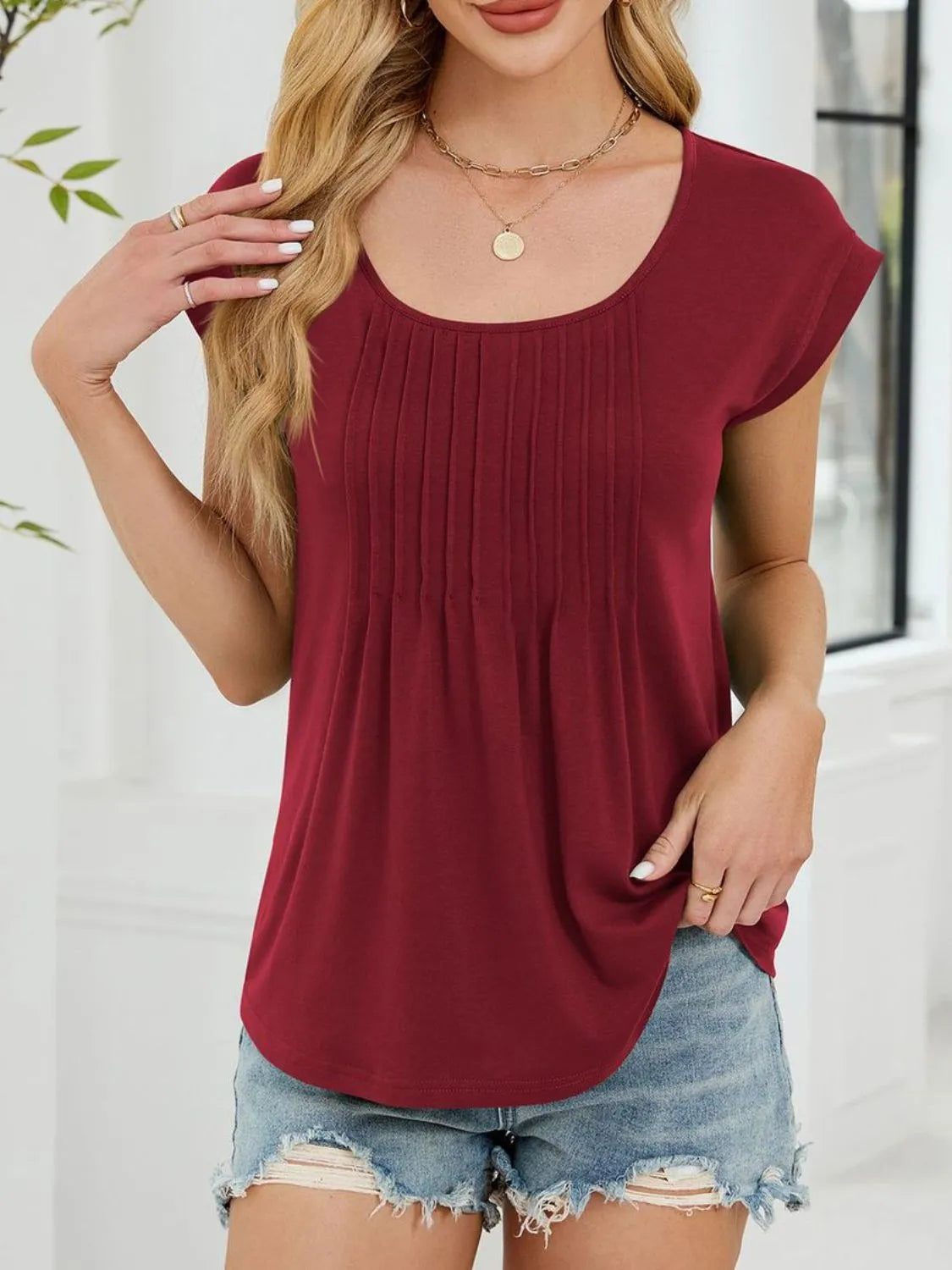 Pleated Front Scoop Neck T-Shirt OutfitFlow