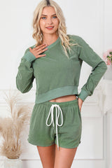 Outfit Flow - Round Neck Long Sleeve Top and Drawstring Shorts Lounge Set