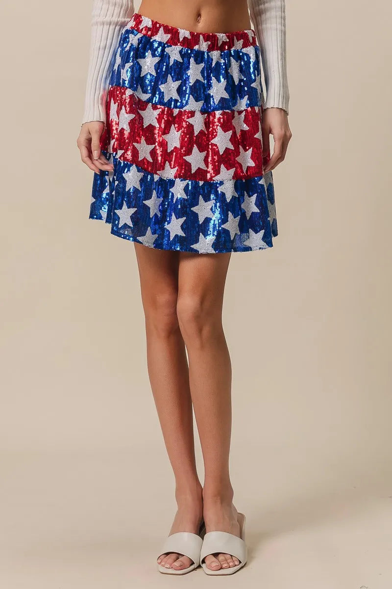 BiBi American Flag Theme Star Sequin Tiered Skirt OutfitFlow