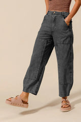 SO ME Mineral Washed Mid Rise Barrel Shape Pants CHARCOAL BLACK OutfitFlow