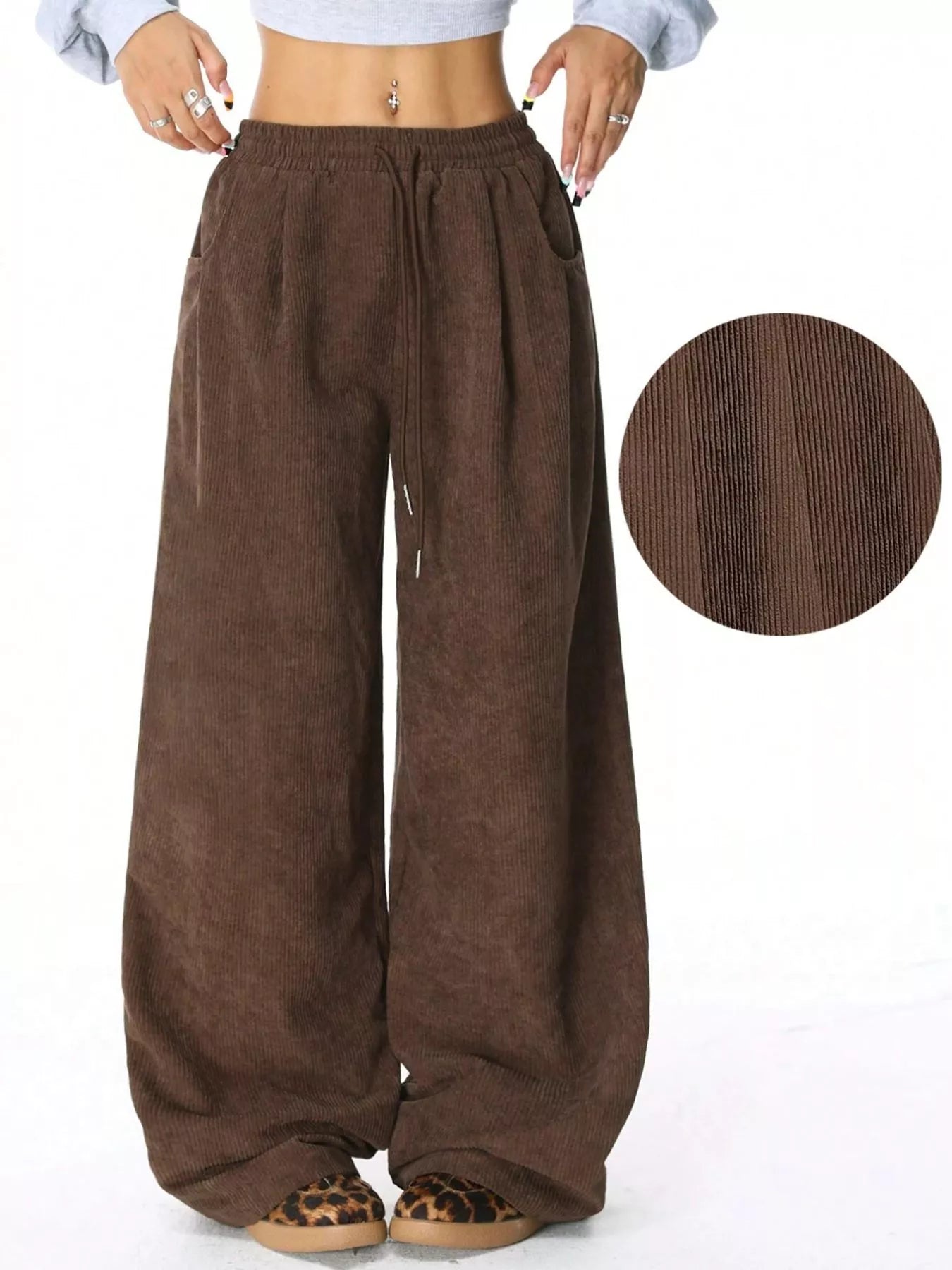 Wide Leg Corduroy Drawstring Pants OutfitFlow