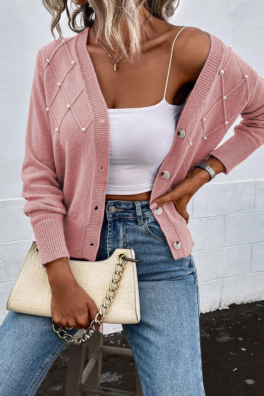 Outfit Flow - Beaded V-Neck Button Up Long Sleeve Cardigan