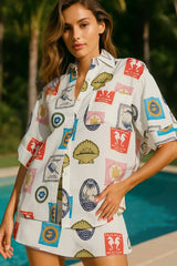 Printed Button Up Shirt and Skirt Set White OutfitFlow