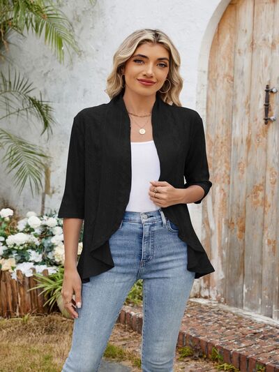Eyelet Open Front Three-Quarter Sleeve Top OutfitFlow