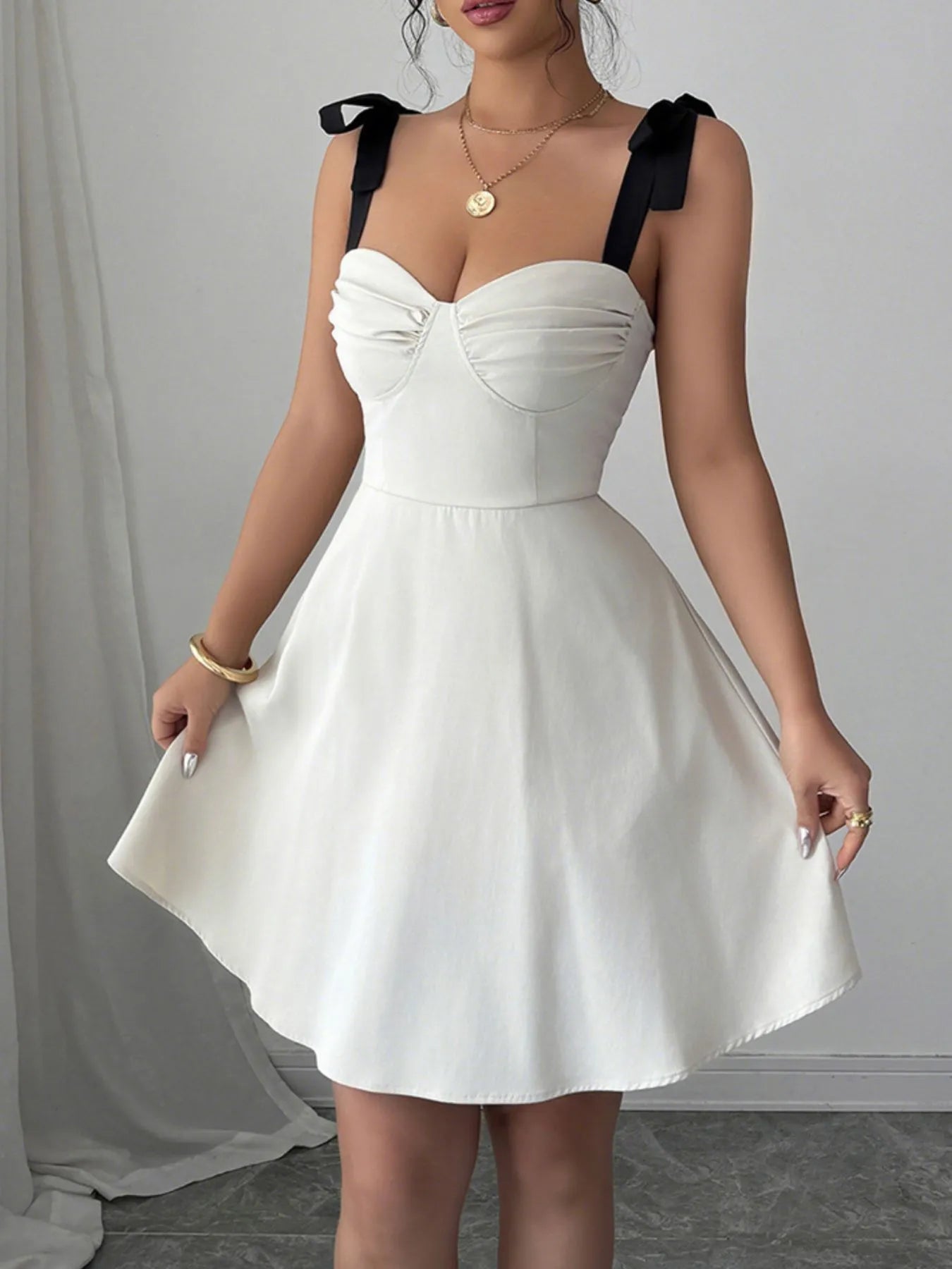 Sweetheart Neck Tie Shoulder Dress OutfitFlow