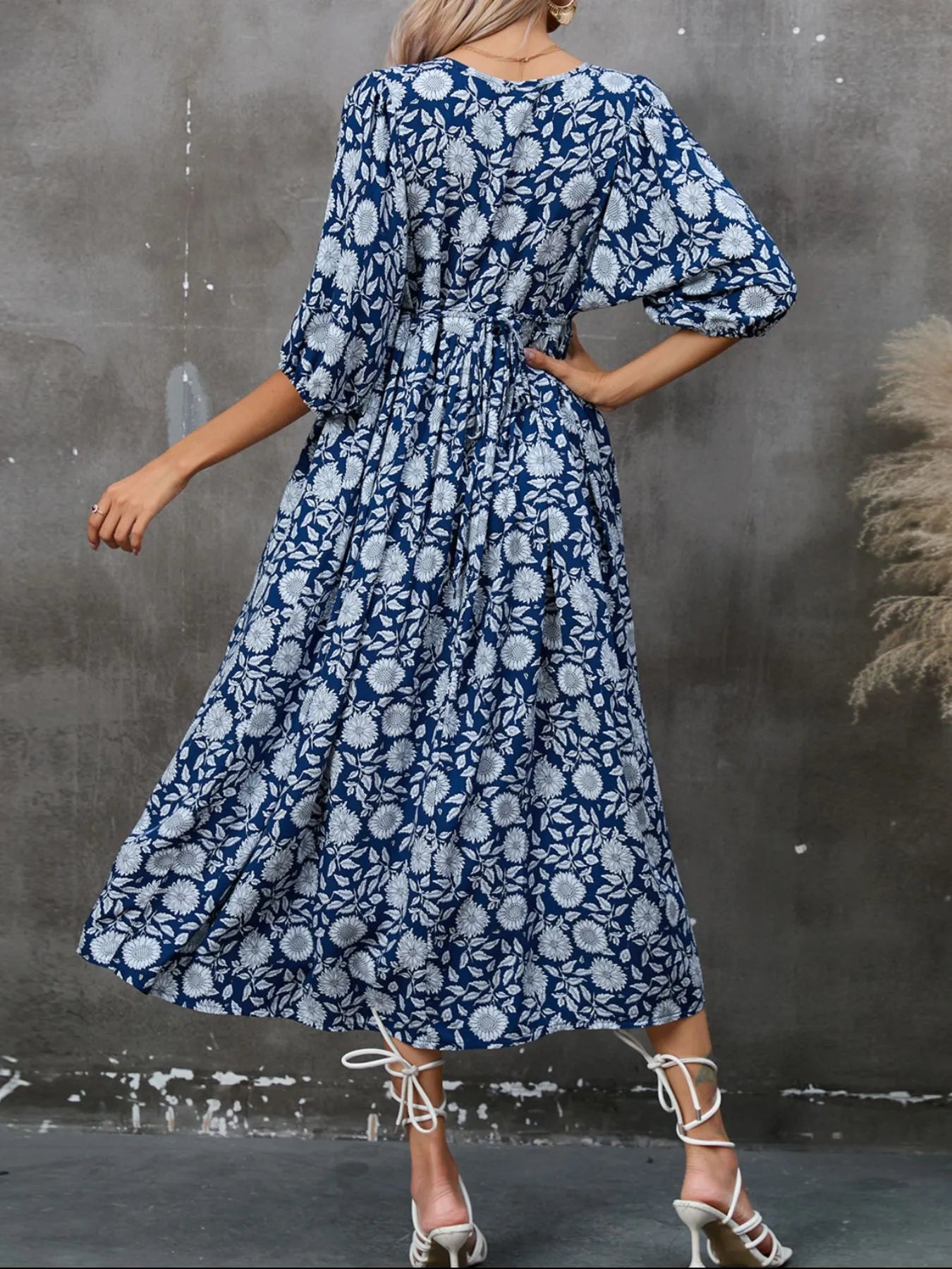 Printed Tie Neck Midi Dress OutfitFlow