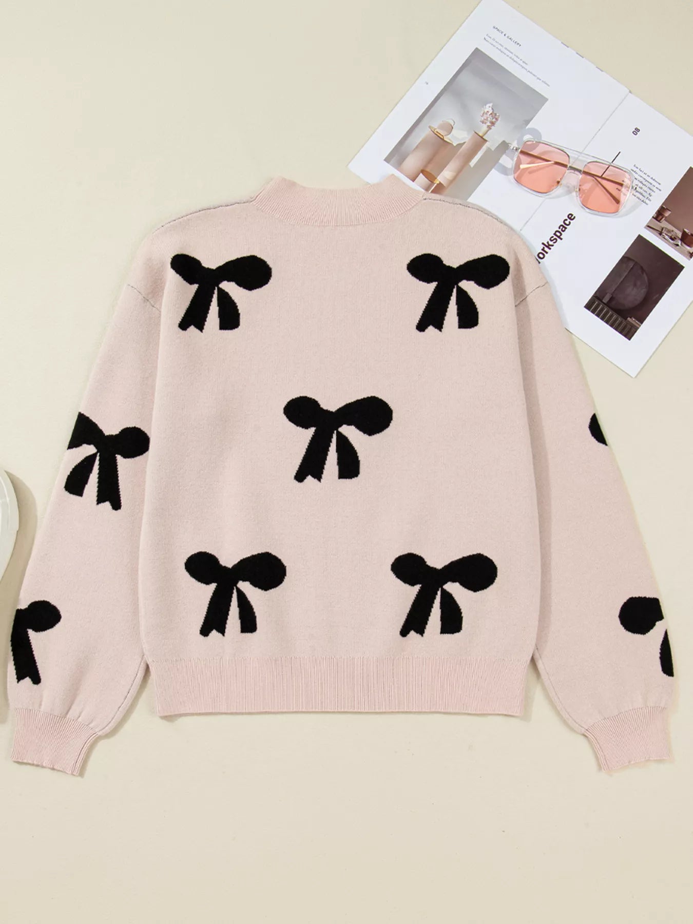 Pearl Embellished Bow Pattern Loose Sweater OutfitFlow