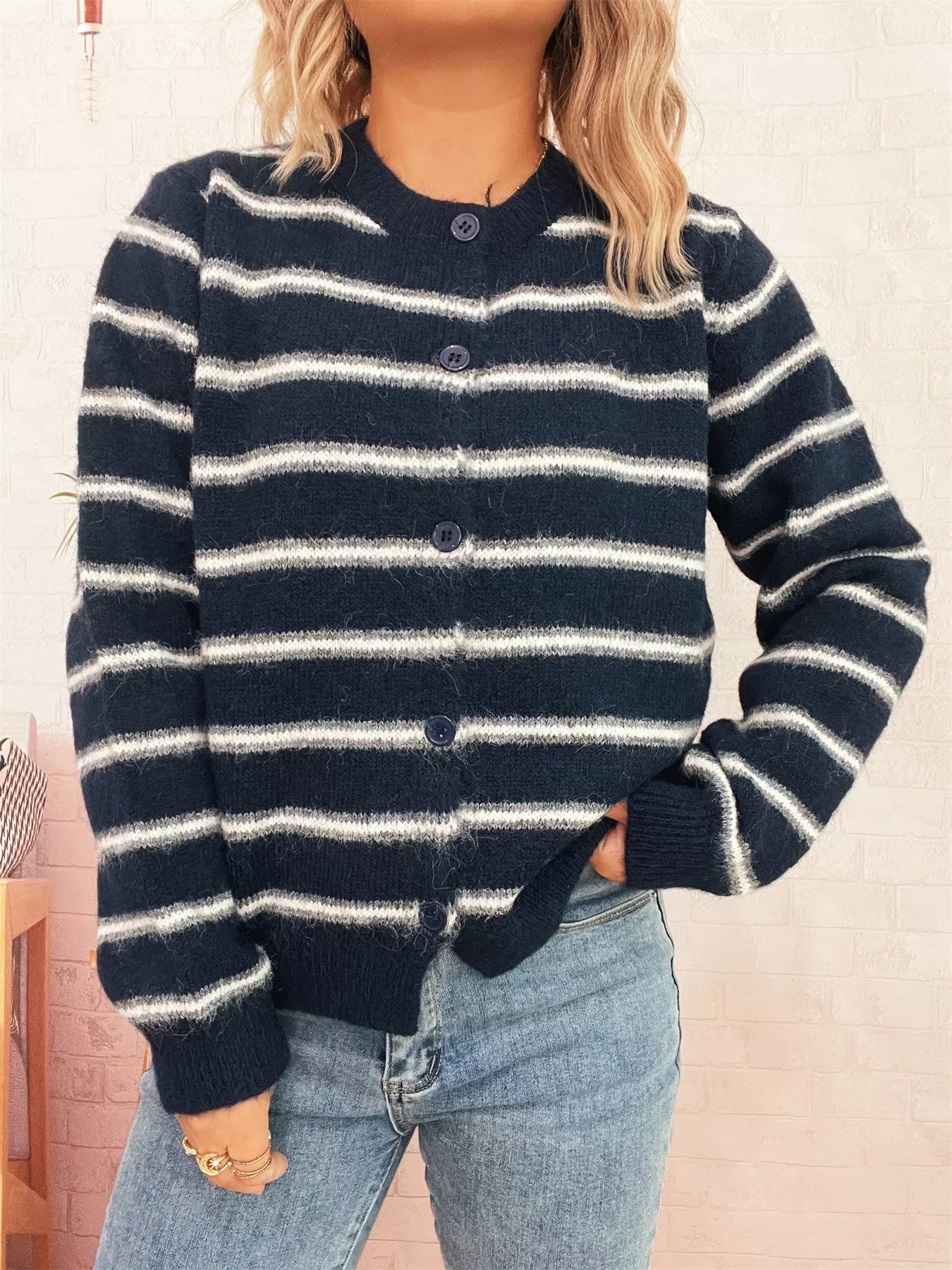 Striped Button-Up Long Sleeve Cardigan Navy One Size OutfitFlow