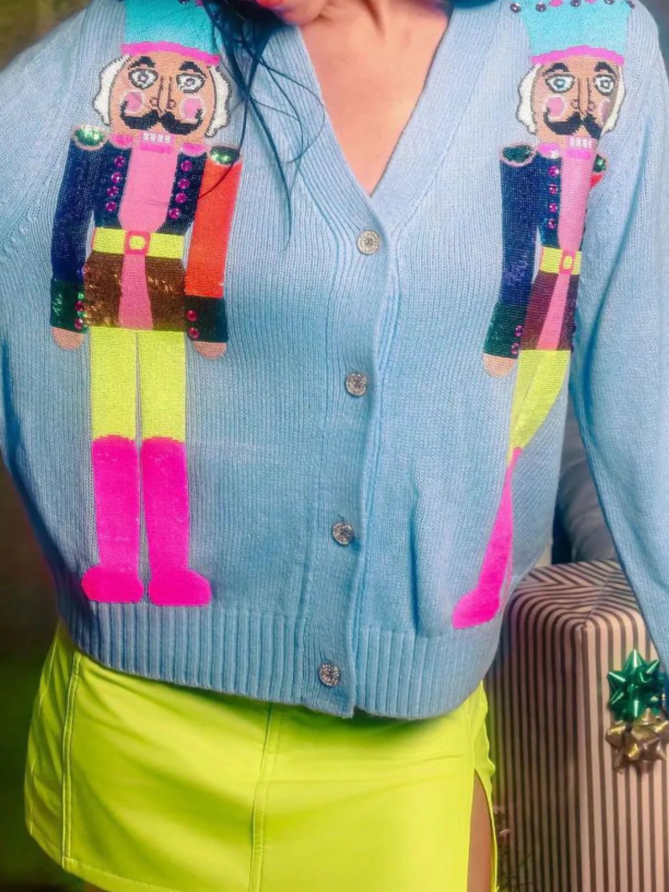 Nutcracker Ribbed Hem V-Neck Cardigan Azure Blue Trendsi