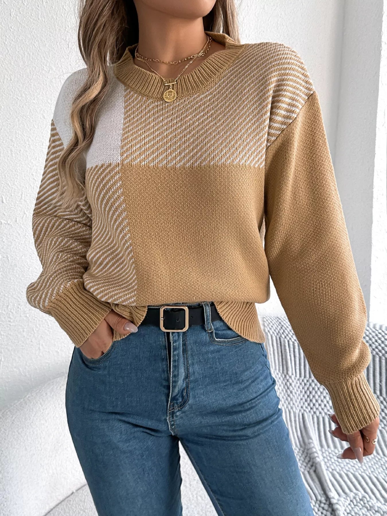 Color Block Striped Round Neck Sweater OutfitFlow