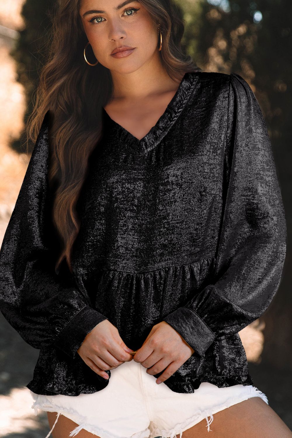 Frill Peplum V-Neck Long Sleeve Blouse