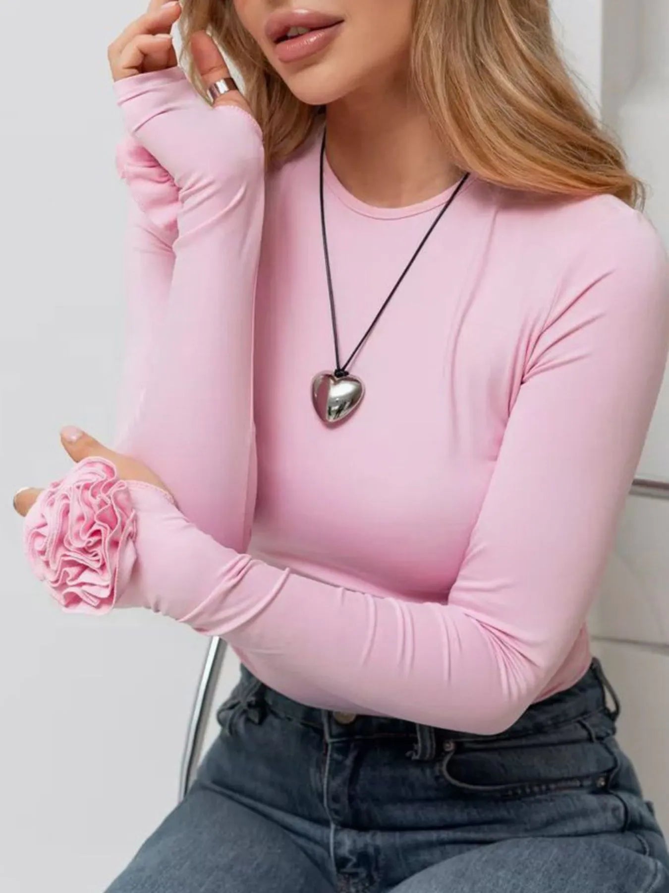Flower Round Neck Long Sleeve T-Shirt OutfitFlow