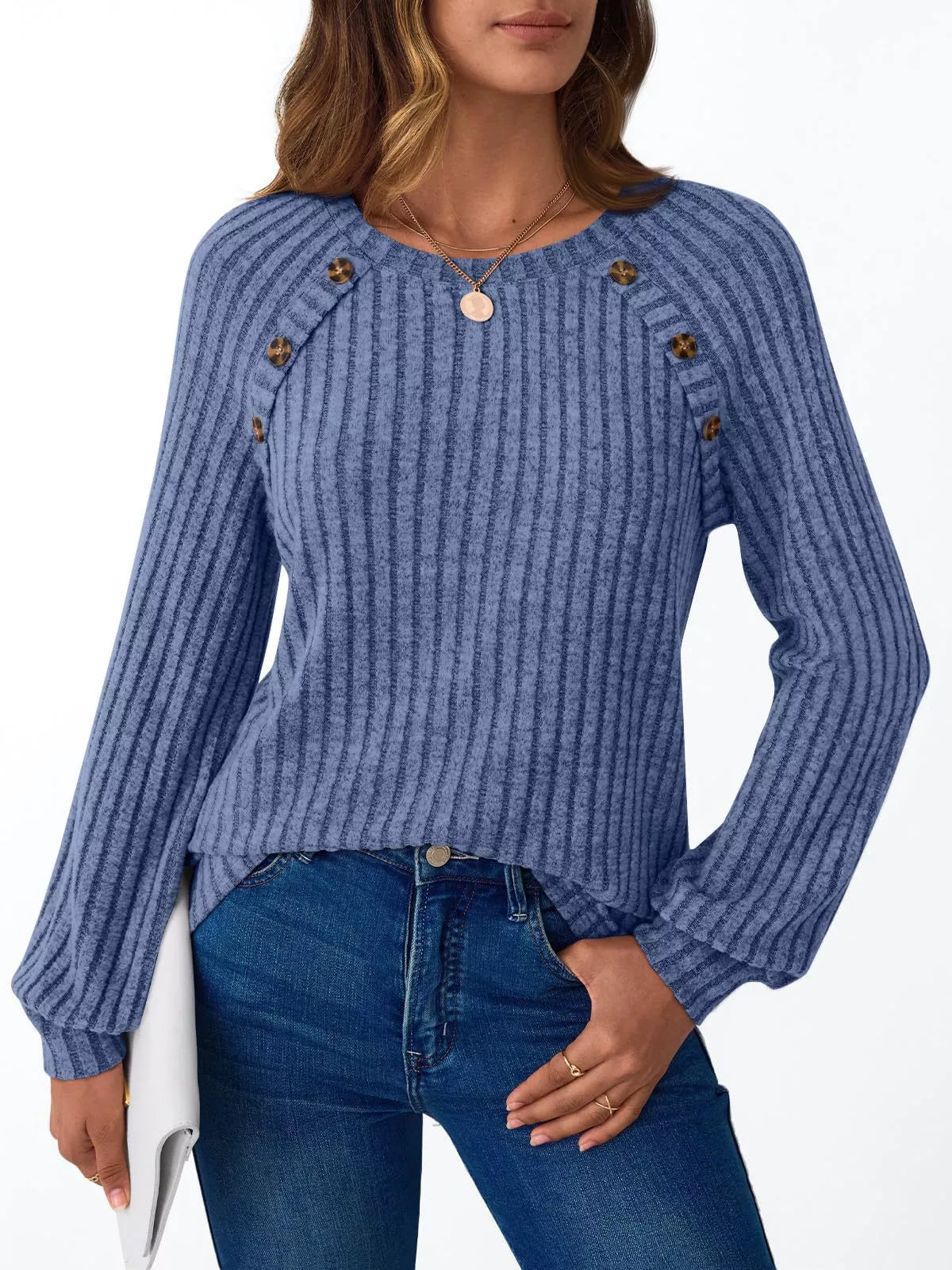 Ribbed Knit Decor Button Long Sleeve T-Shirt OutfitFlow