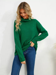 Slit Turtleneck Dropped Shoulder Sweater Trendsi