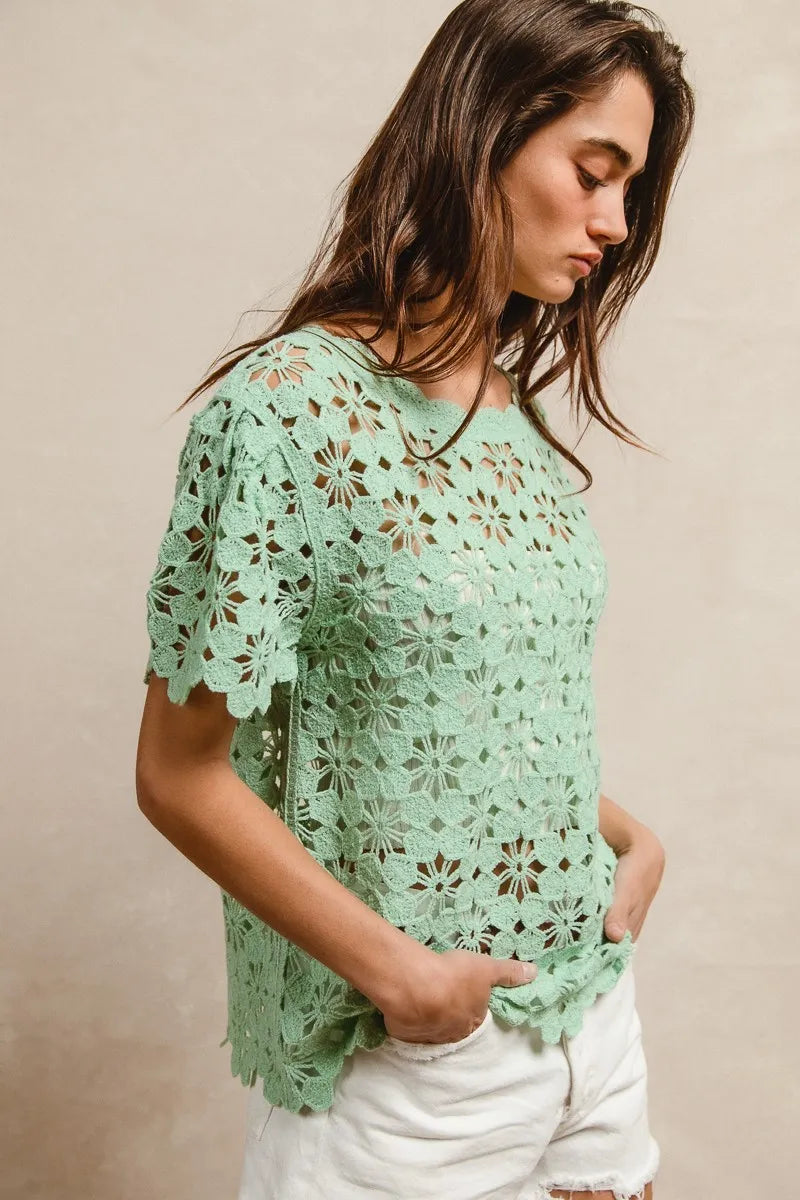 BiBi Openwork Crochet Short Sleeve Knit Top OutfitFlow