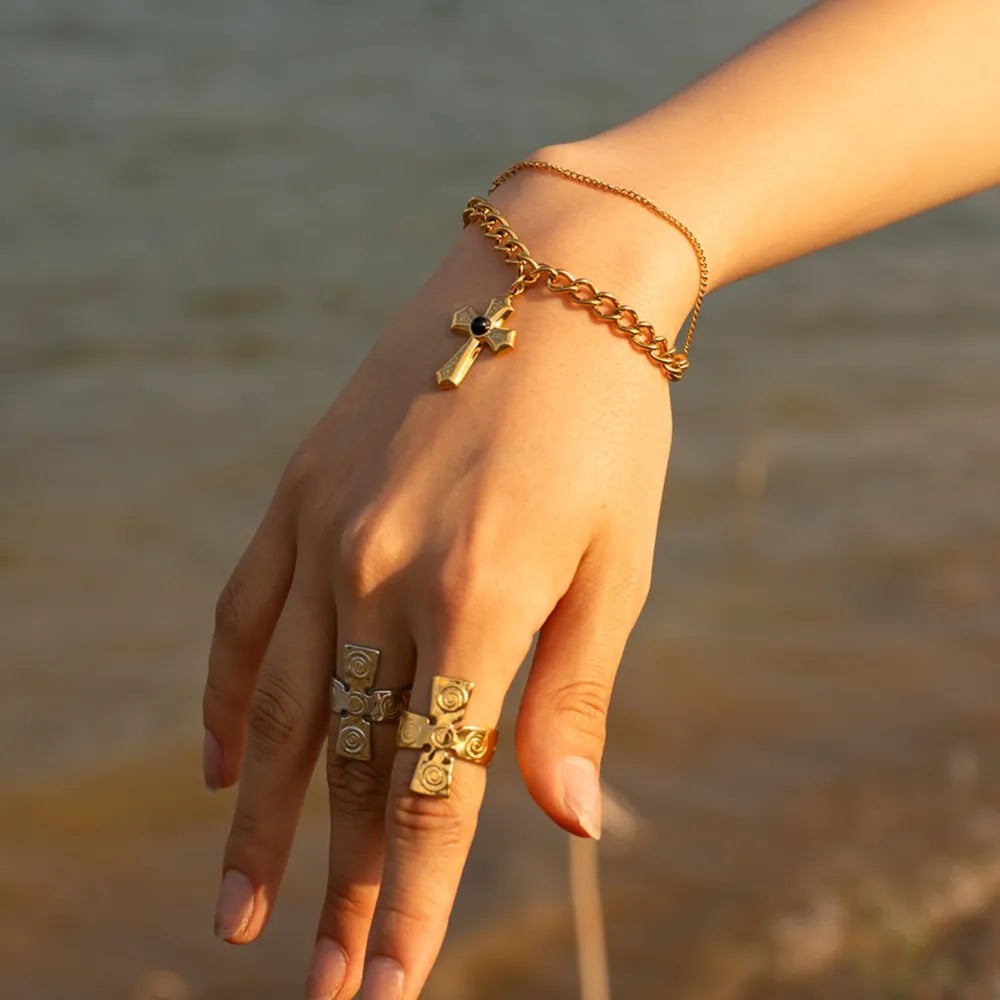 Stainless Steel Imitation Gemstone Cross Shape Pendant Bracelet OutfitFlow