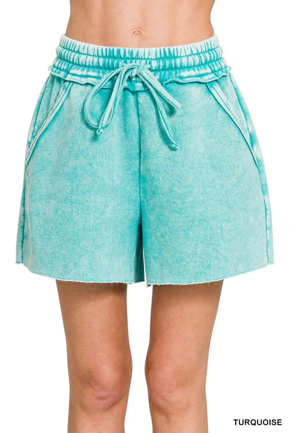 Zenana Acid Wash Fleece Drawstring Shorts With Pockets TURQUOISE OutfitFlow