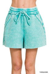 Zenana Acid Wash Fleece Drawstring Shorts With Pockets TURQUOISE OutfitFlow