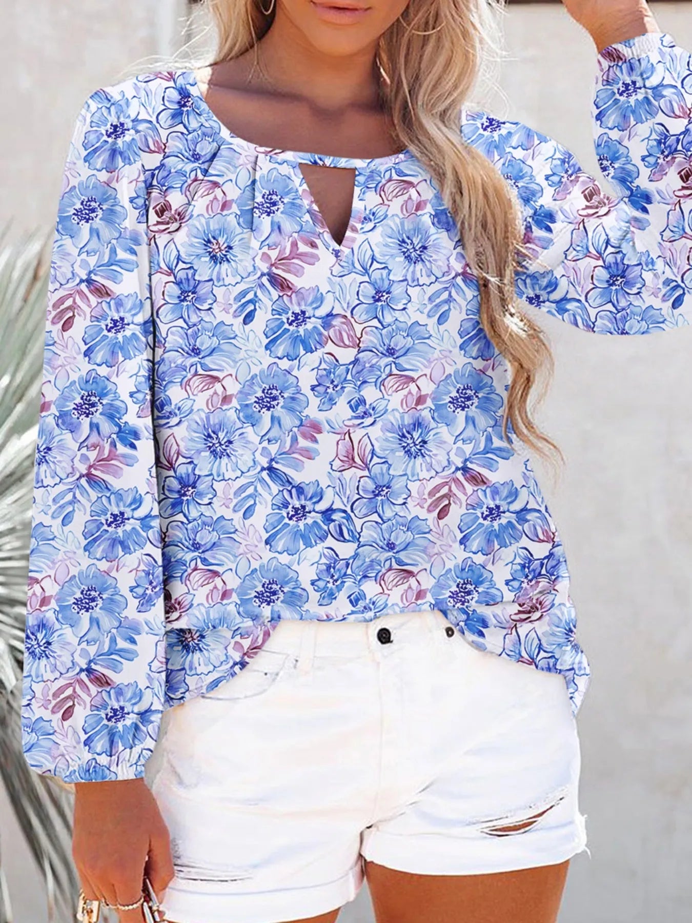 Floral Print Keyhole Neck Blouse Light Blue OutfitFlow