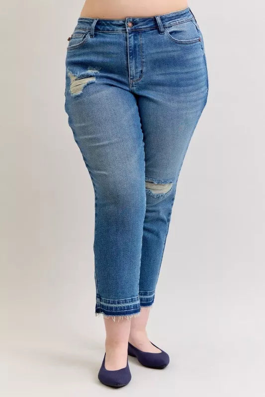 Judy Blue Full Size Mid Rise Bf Patch & Repair Destroy Release Hem Jeans Plus Size OutfitFlow