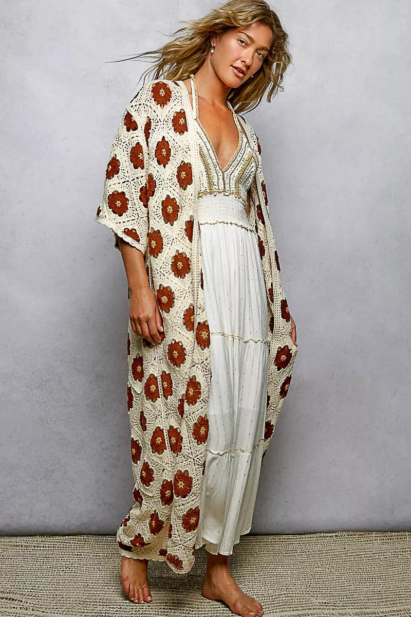 POL Open Front Floral Crochet Longline Cardigan Trendsi