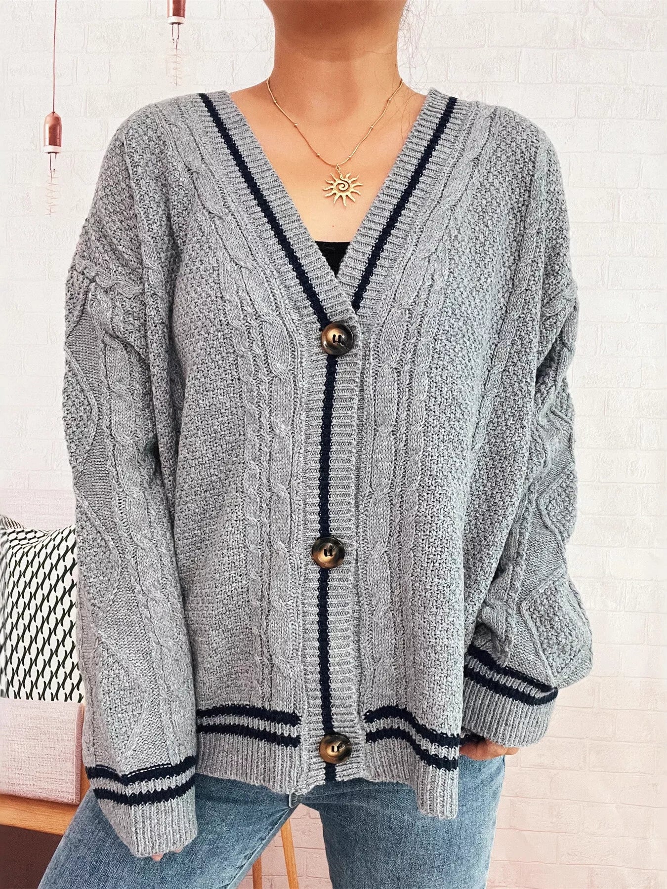 Star Pattern Button-Up Cardigan with Contrast Trim Gray One Size OutfitFlow