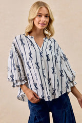 BiBi Bow Ribbon Printed Woven Bubble Sleeves Top OutfitFlow
