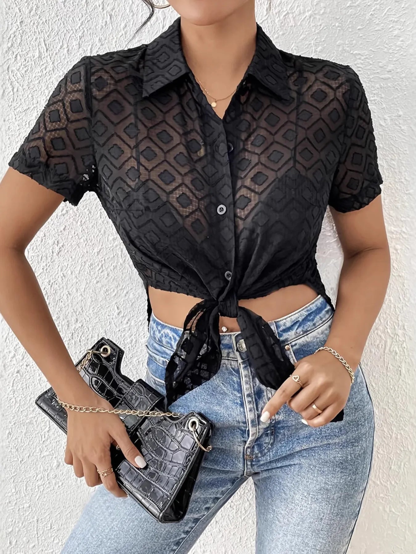 Side Slit Short Sleeve Shirt OutfitFlow