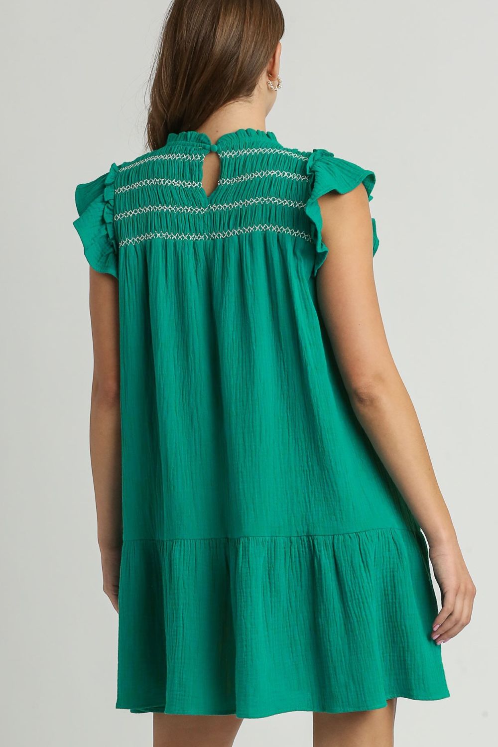 Umgee Full Size Smocked Contrast Stitching Ruffle Cap Sleeve Round Neck Dress Plus Size OutfitFlow