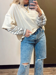 Striped Patchwork Long Sleeve Round Neck Two-in-one Top OutfitFlow