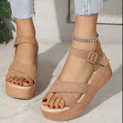 Open Toe Wedge Sandals Khaki OutfitFlow