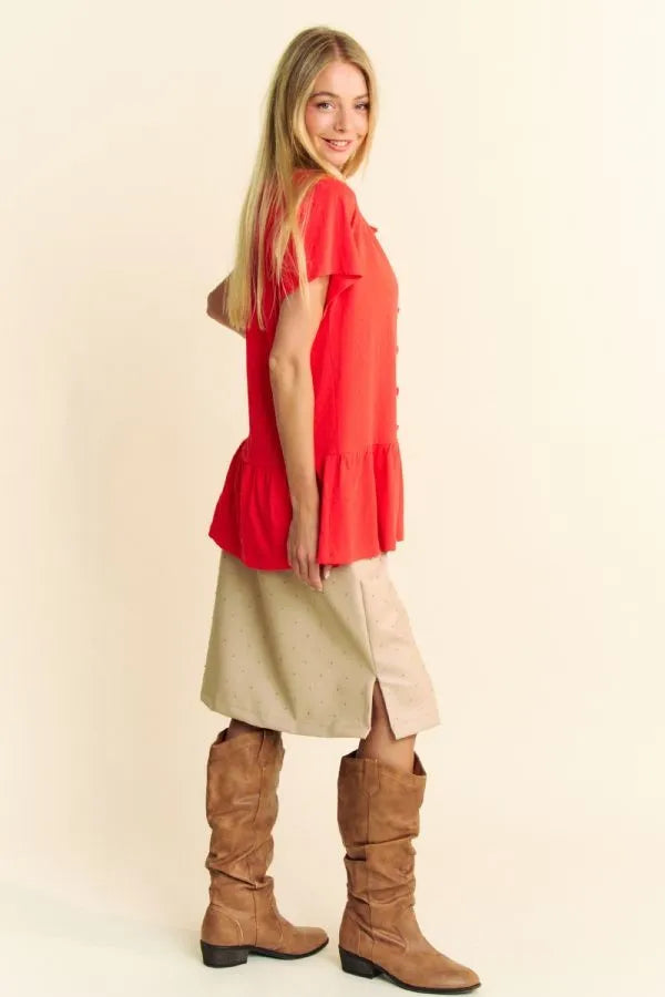 Davi & Dani Solid Lace Trim Neck Short Sleeve Peplum Top OutfitFlow