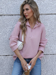 Outfit Flow - Full Size Ribbed Quarter Zip Long Sleeve Sweatshirt