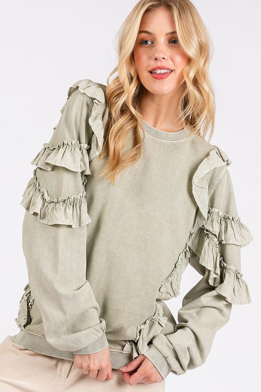Mittoshop Ruffled Mineral Washed Round Neck Long Sleeve Sweatshirt OutfitFlow