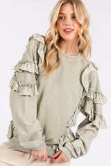 Mittoshop Ruffled Mineral Washed Round Neck Long Sleeve Sweatshirt OutfitFlow