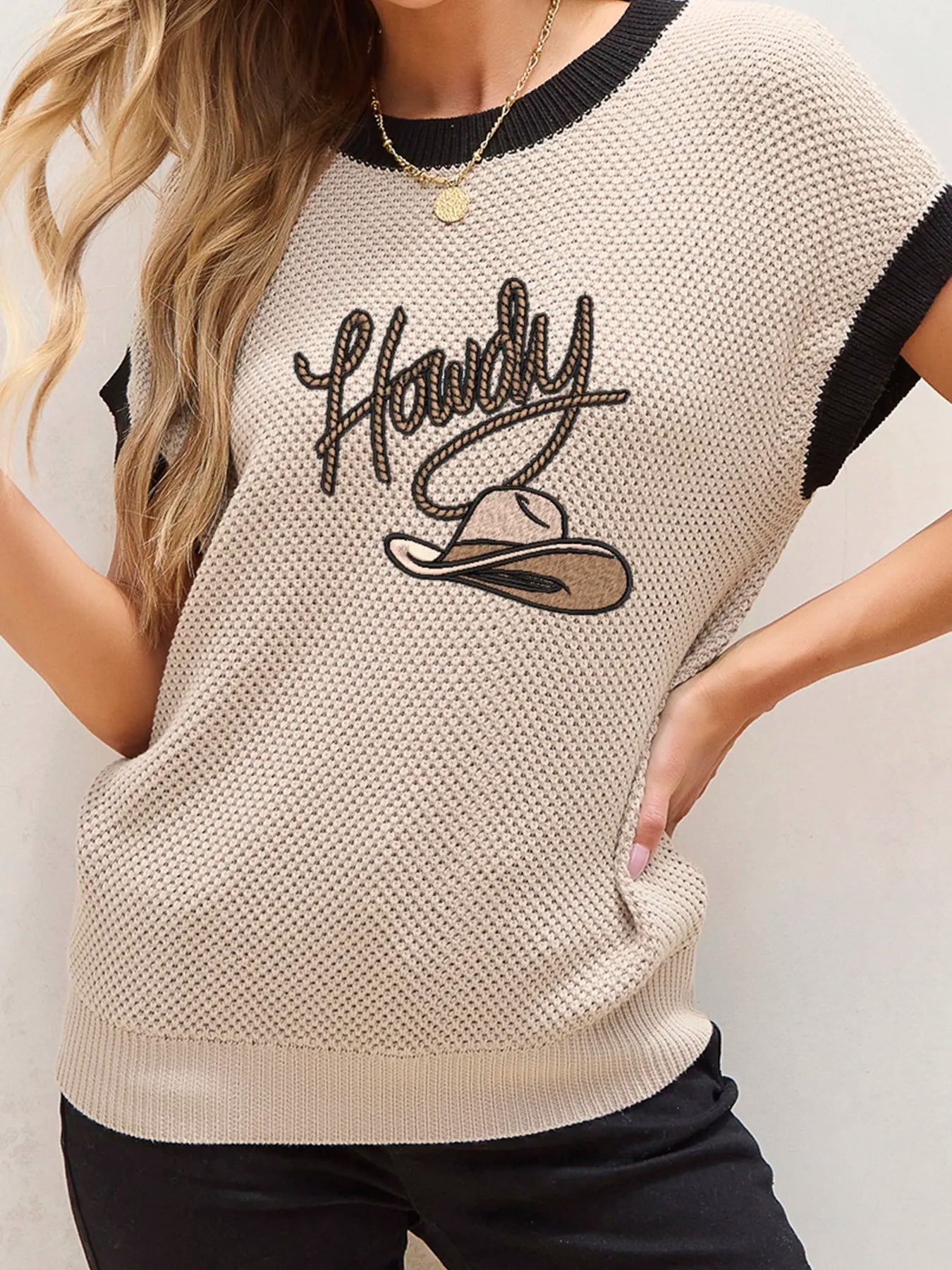 Howdy Cowboy Hat Embroidered Short Sleeve Sweater Light French Beige OutfitFlow