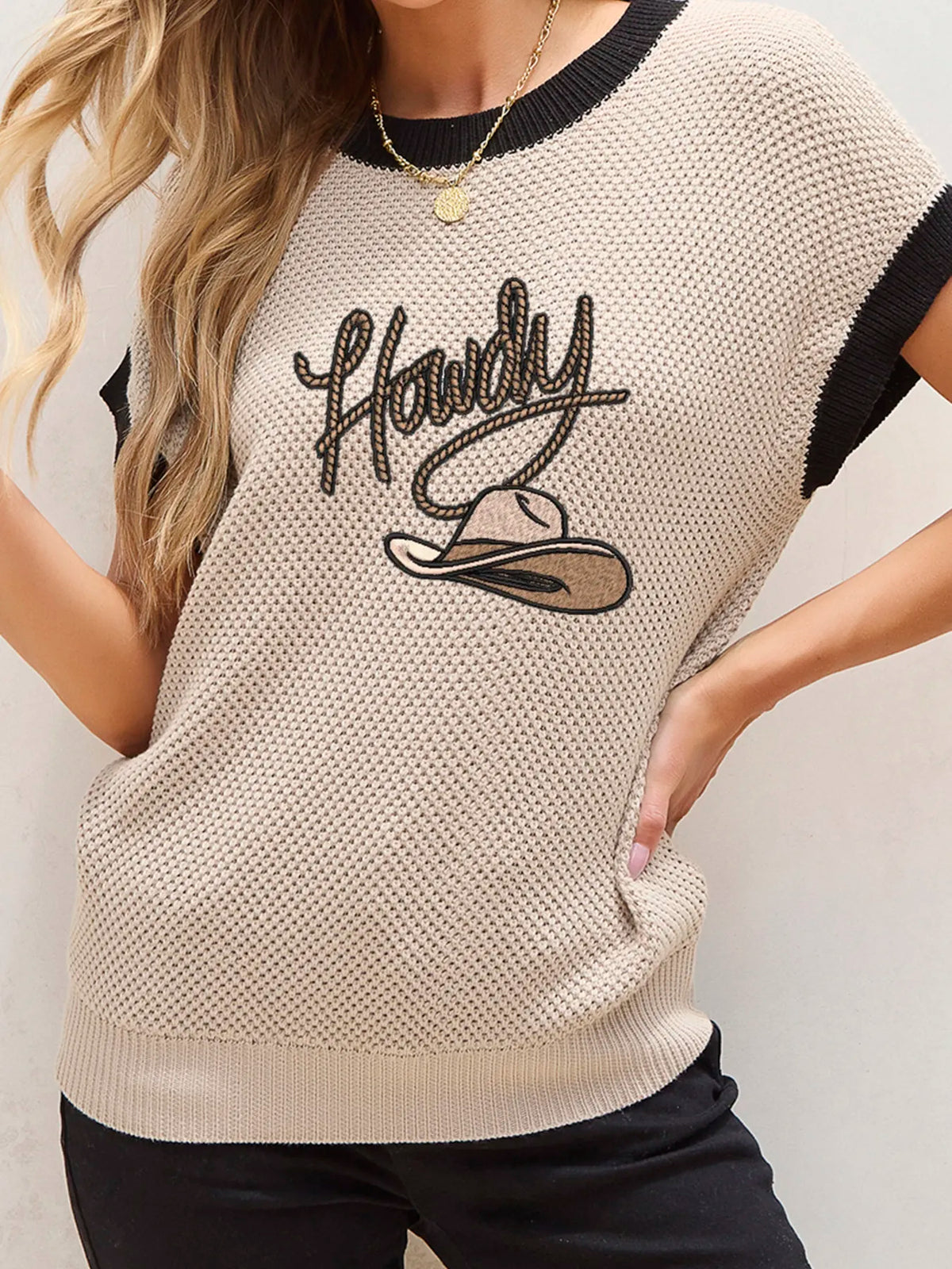 Howdy Cowboy Hat Embroidered Short Sleeve Sweater Light French Beige OutfitFlow