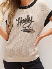Howdy Cowboy Hat Embroidered Short Sleeve Sweater Light French Beige OutfitFlow