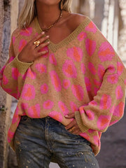 Leopard Oversized V-Neck Sweater Strawberry Trendsi