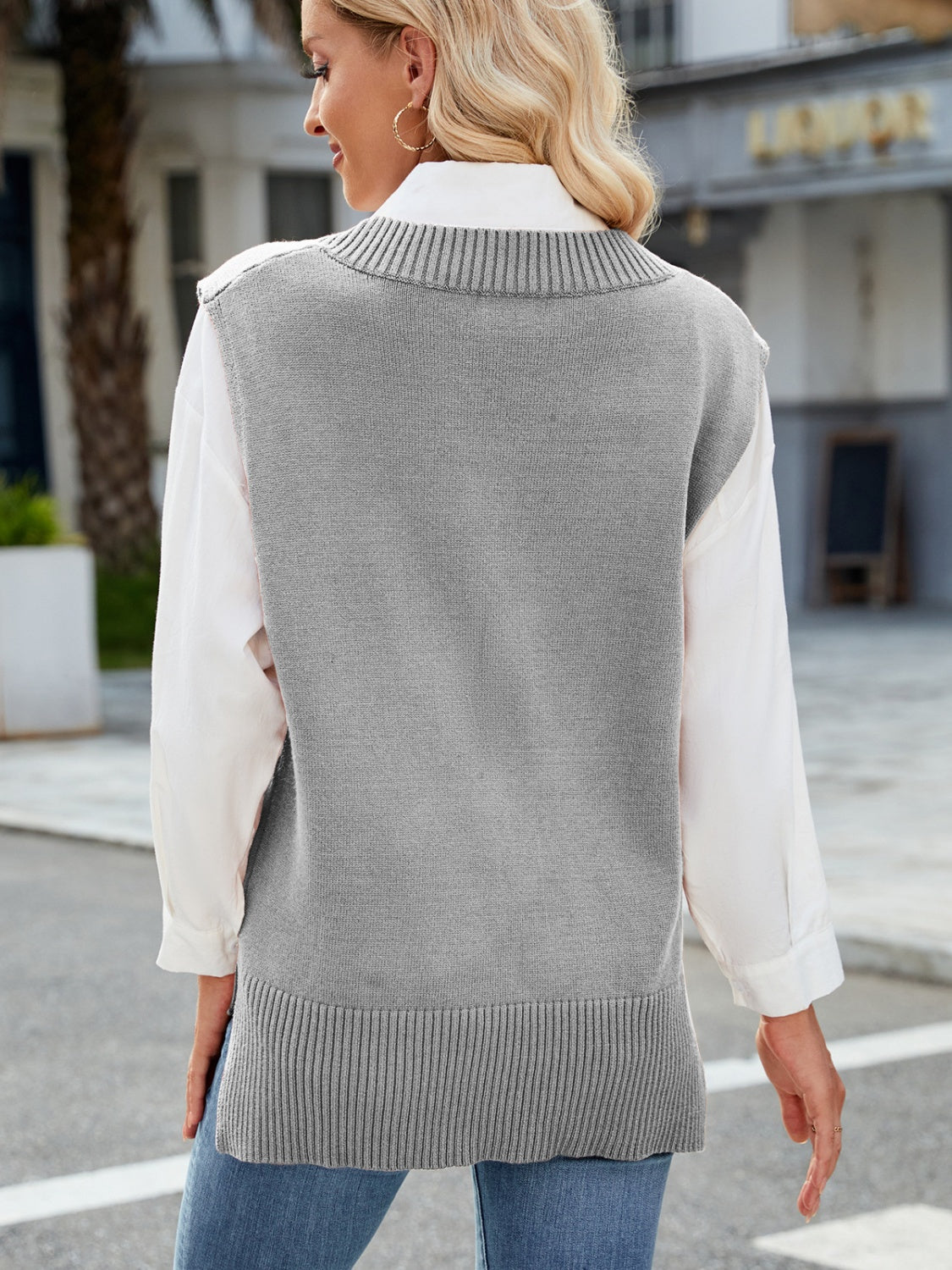 Outfit Flow - Side Slit V-Neck Sweater Vest