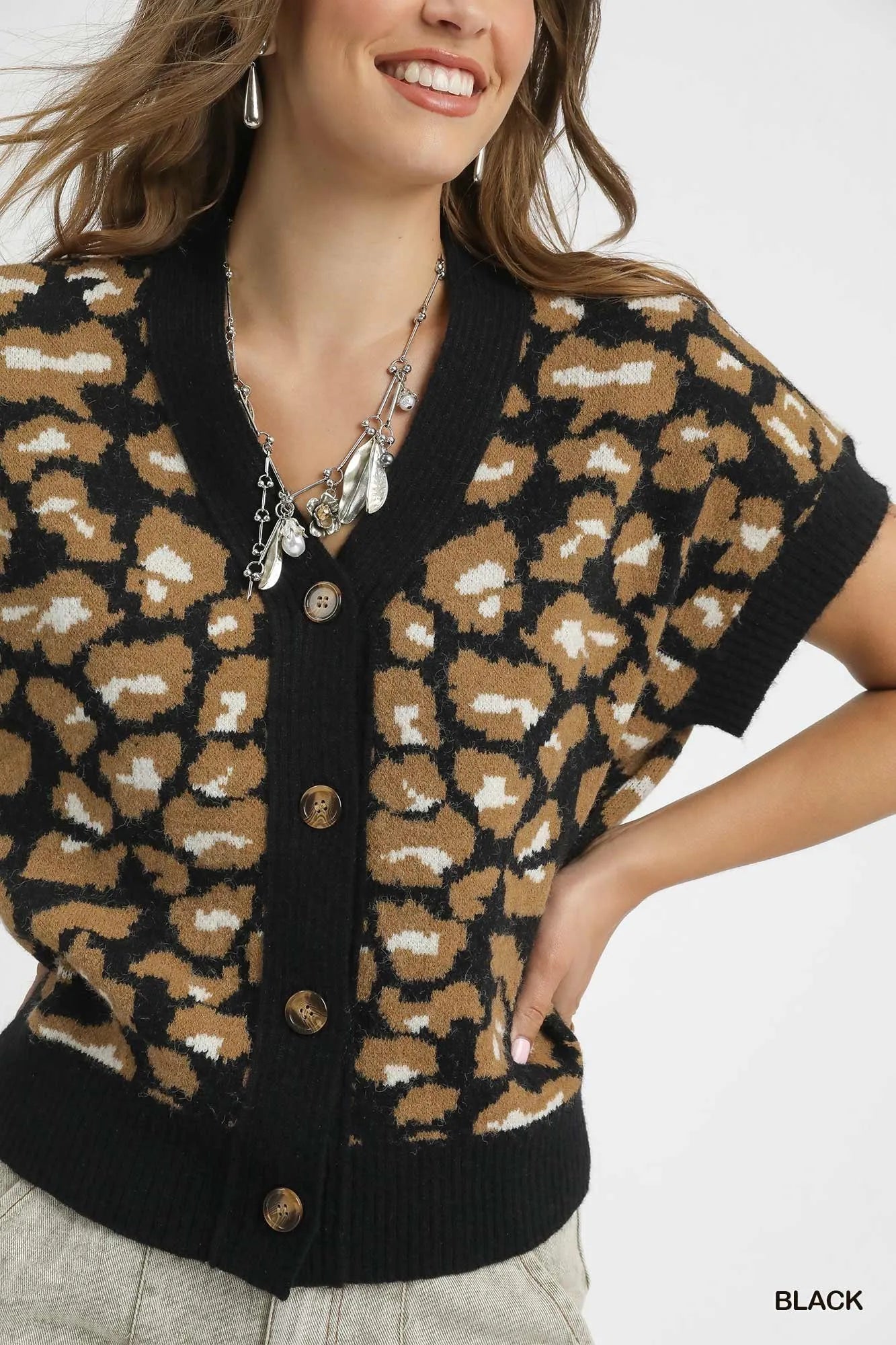 Umgee Leopard Button Down Short Sleeve Cardigan Trendsi